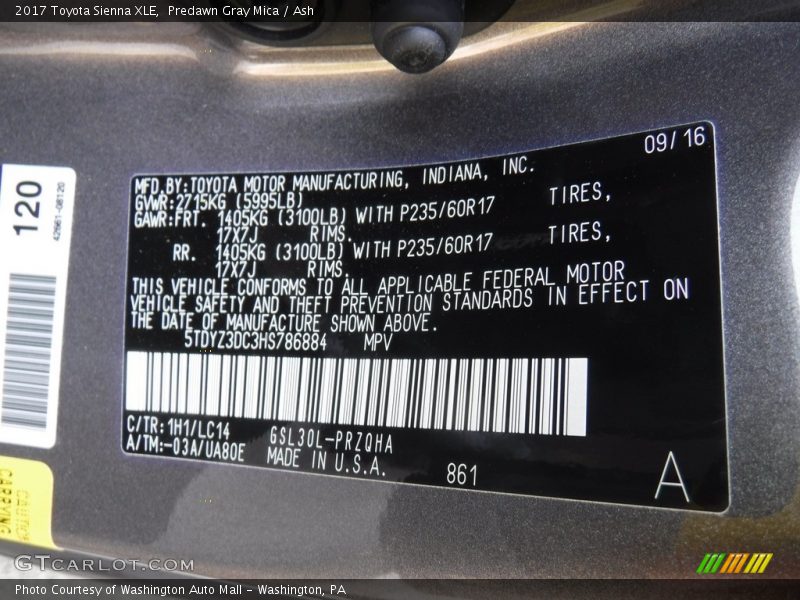 Predawn Gray Mica / Ash 2017 Toyota Sienna XLE