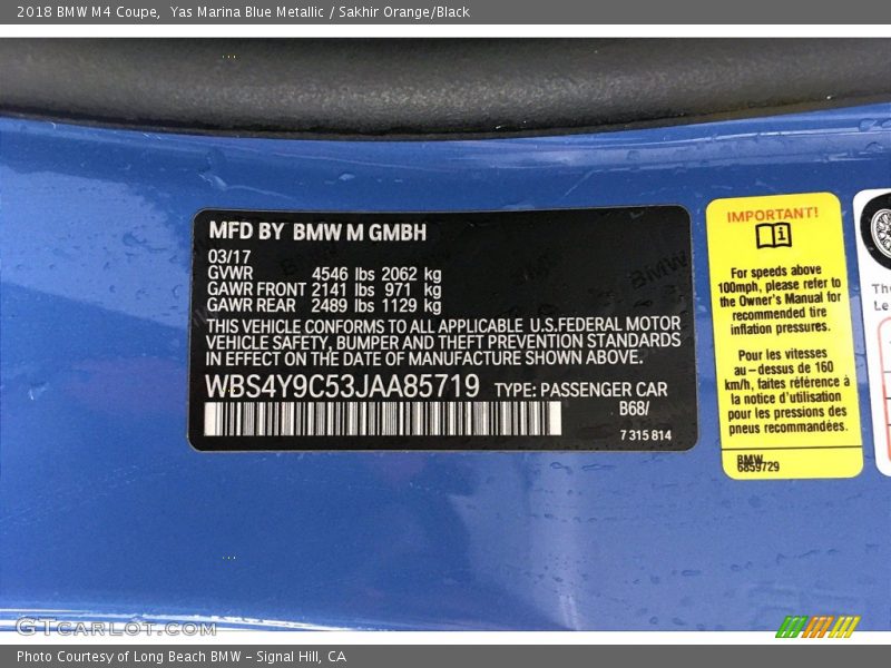 Yas Marina Blue Metallic / Sakhir Orange/Black 2018 BMW M4 Coupe