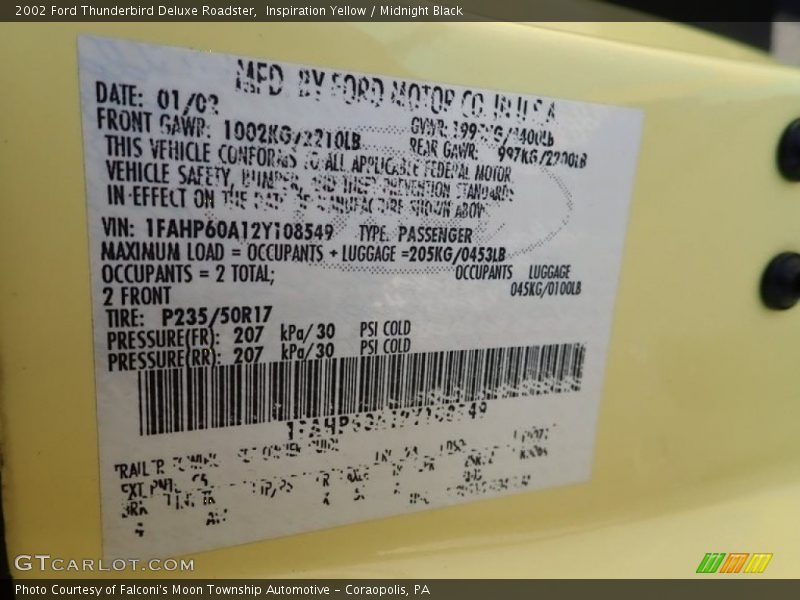 Inspiration Yellow / Midnight Black 2002 Ford Thunderbird Deluxe Roadster