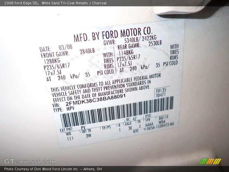 White Sand Tri-Coat Metallic / Charcoal 2008 Ford Edge SEL