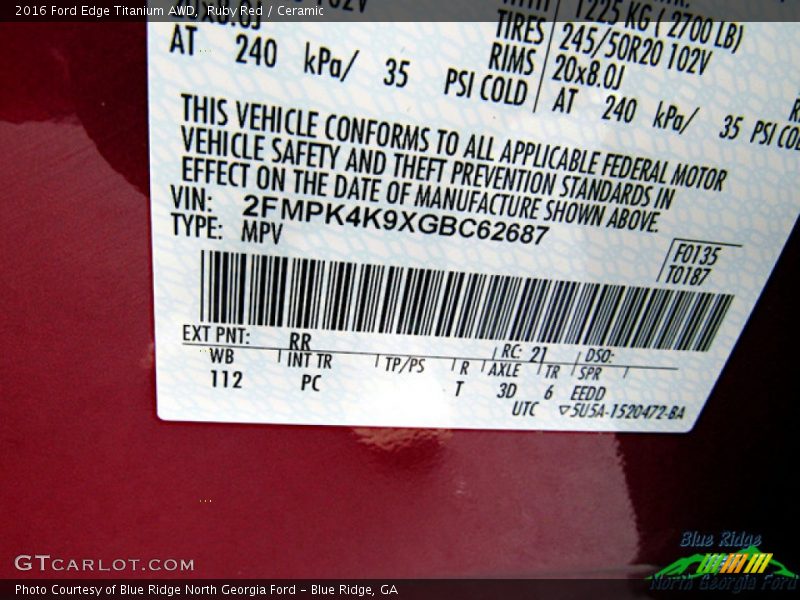 Ruby Red / Ceramic 2016 Ford Edge Titanium AWD