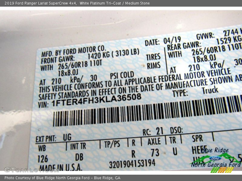 White Platinum Tri-Coat / Medium Stone 2019 Ford Ranger Lariat SuperCrew 4x4