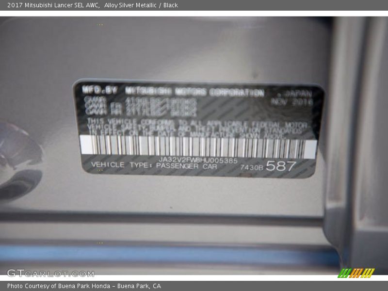 Alloy Silver Metallic / Black 2017 Mitsubishi Lancer SEL AWC