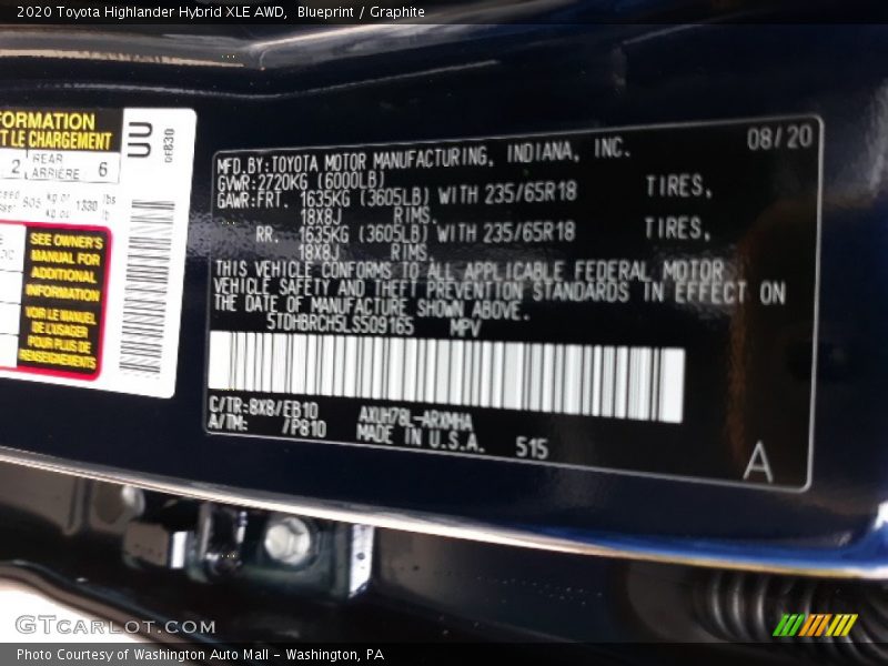 Blueprint / Graphite 2020 Toyota Highlander Hybrid XLE AWD