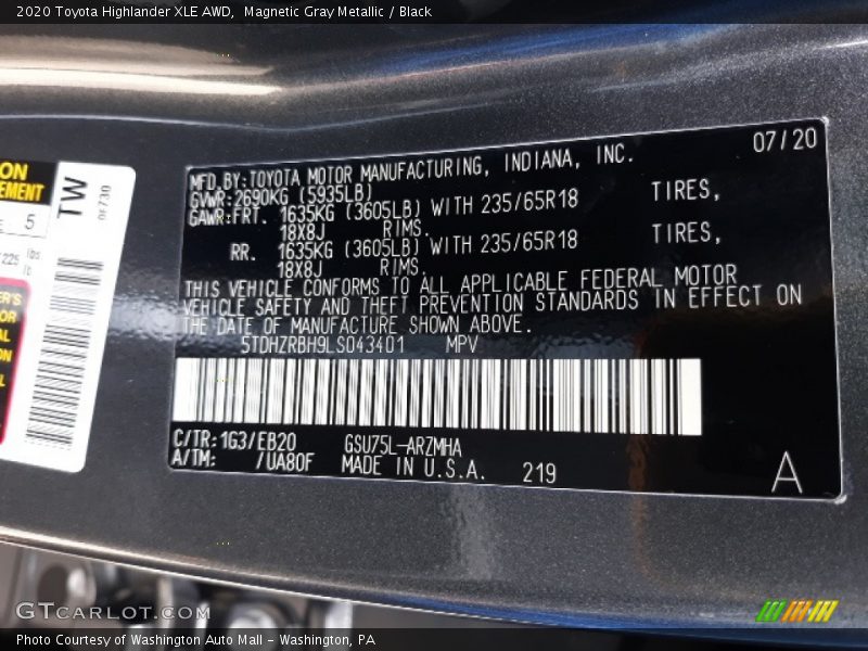 Magnetic Gray Metallic / Black 2020 Toyota Highlander XLE AWD