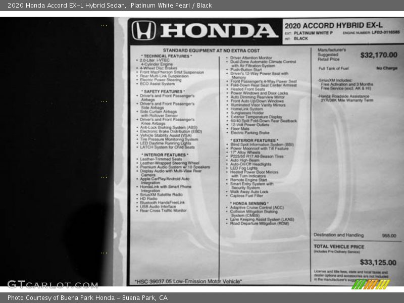 Platinum White Pearl / Black 2020 Honda Accord EX-L Hybrid Sedan
