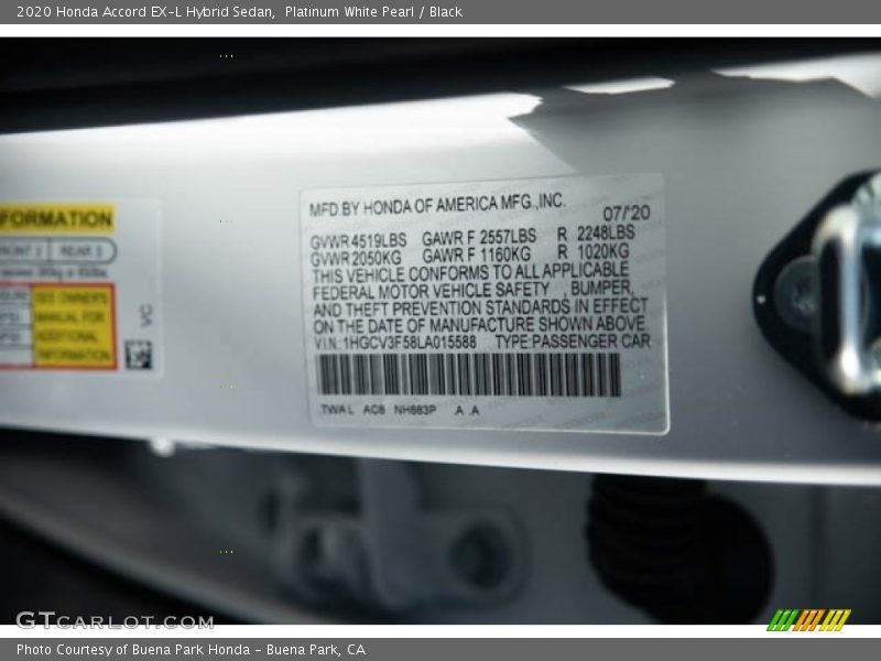 Platinum White Pearl / Black 2020 Honda Accord EX-L Hybrid Sedan