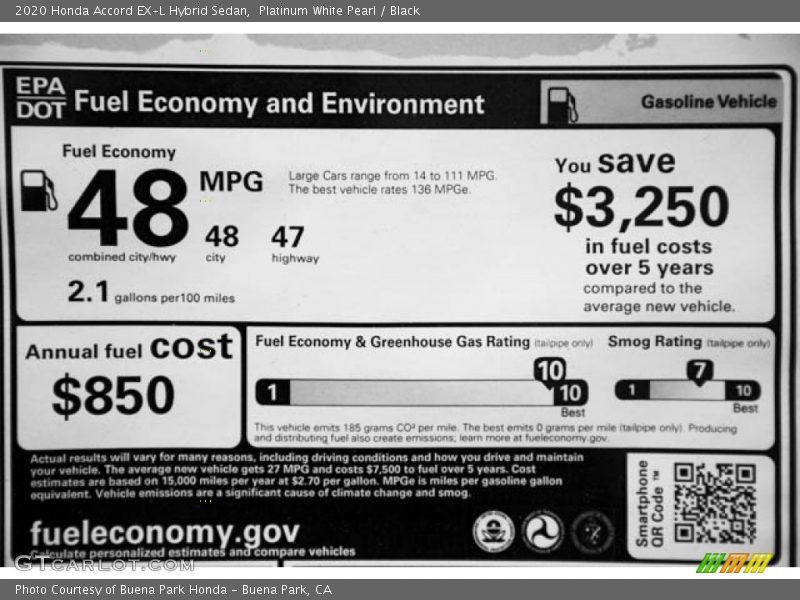Platinum White Pearl / Black 2020 Honda Accord EX-L Hybrid Sedan