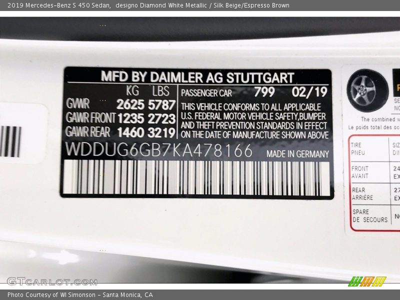 designo Diamond White Metallic / Silk Beige/Espresso Brown 2019 Mercedes-Benz S 450 Sedan