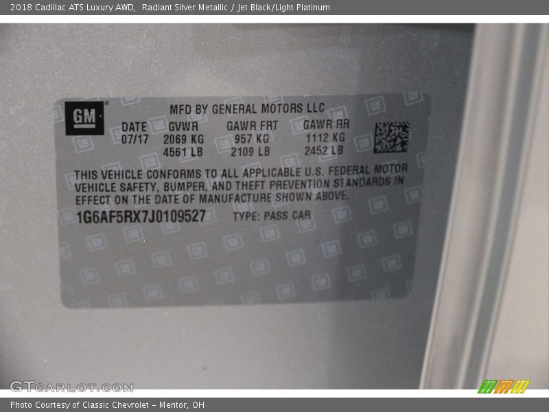 Radiant Silver Metallic / Jet Black/Light Platinum 2018 Cadillac ATS Luxury AWD
