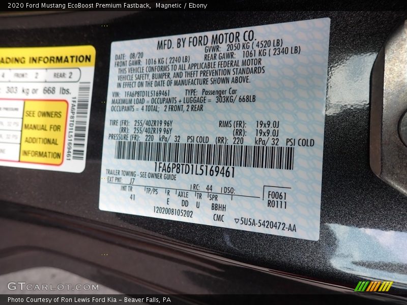 2020 Mustang EcoBoost Premium Fastback Magnetic Color Code J7
