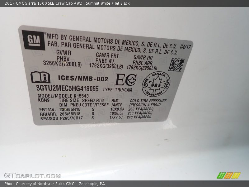 Summit White / Jet Black 2017 GMC Sierra 1500 SLE Crew Cab 4WD