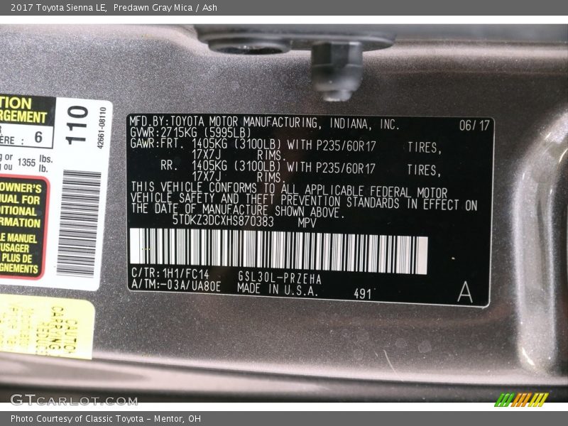 Predawn Gray Mica / Ash 2017 Toyota Sienna LE