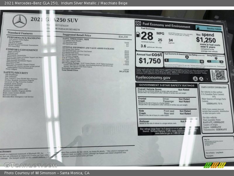  2021 GLA 250 Window Sticker