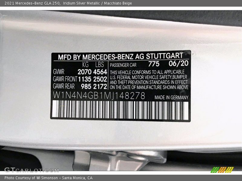 2021 GLA 250 Iridium Silver Metallic Color Code 775