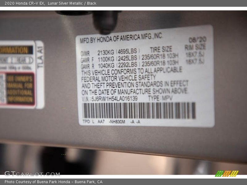 2020 CR-V EX Lunar Silver Metallic Color Code NH830M