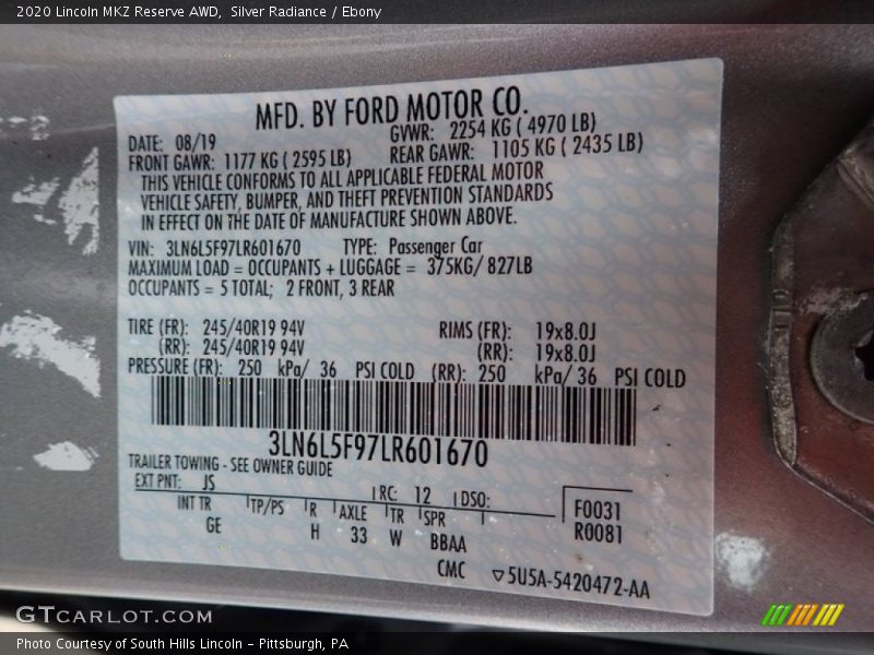 Silver Radiance / Ebony 2020 Lincoln MKZ Reserve AWD
