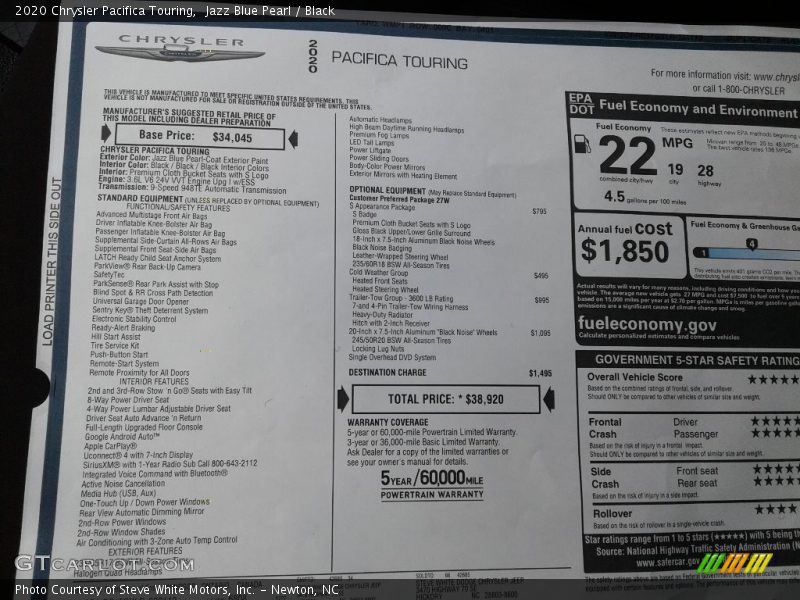  2020 Pacifica Touring Window Sticker