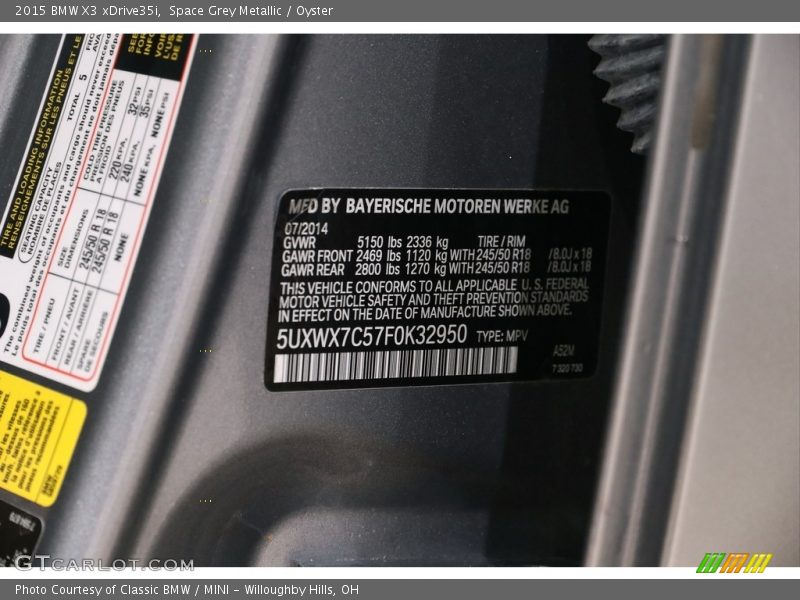 Space Grey Metallic / Oyster 2015 BMW X3 xDrive35i