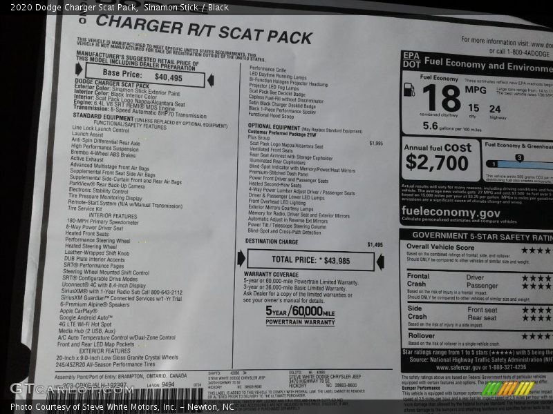  2020 Charger Scat Pack Window Sticker