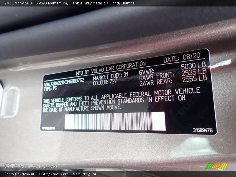 Pebble Gray Metallic / Blond/Charcoal 2021 Volvo S60 T6 AWD Momentum