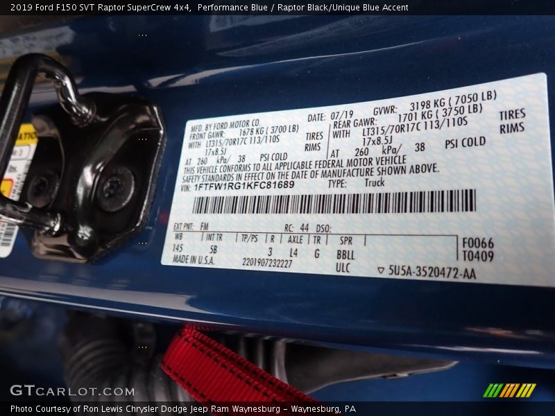 2019 F150 SVT Raptor SuperCrew 4x4 Performance Blue Color Code FM