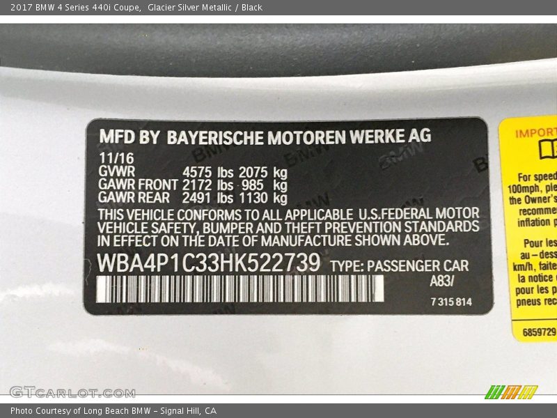 2017 4 Series 440i Coupe Glacier Silver Metallic Color Code A83