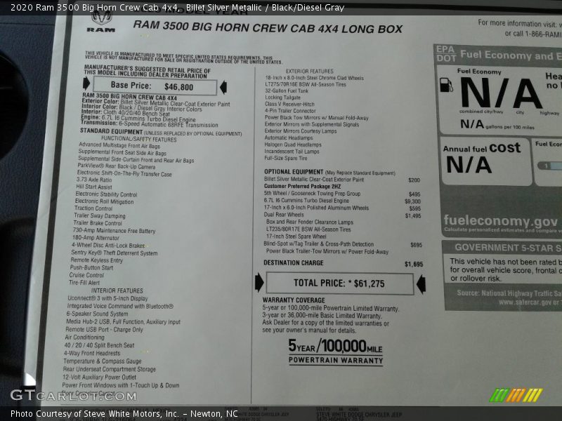 Billet Silver Metallic / Black/Diesel Gray 2020 Ram 3500 Big Horn Crew Cab 4x4