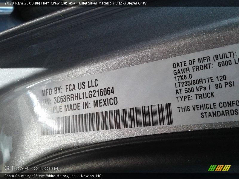 Billet Silver Metallic / Black/Diesel Gray 2020 Ram 3500 Big Horn Crew Cab 4x4