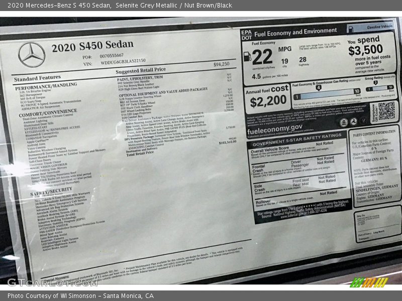 Selenite Grey Metallic / Nut Brown/Black 2020 Mercedes-Benz S 450 Sedan