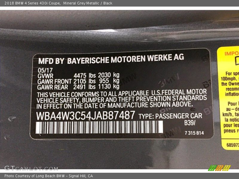 Mineral Grey Metallic / Black 2018 BMW 4 Series 430i Coupe