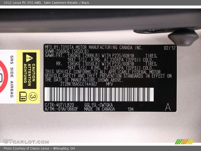 Satin Cashmere Metallic / Black 2012 Lexus RX 350 AWD