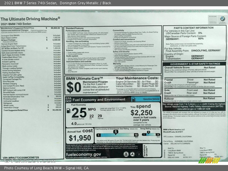  2021 7 Series 740i Sedan Window Sticker