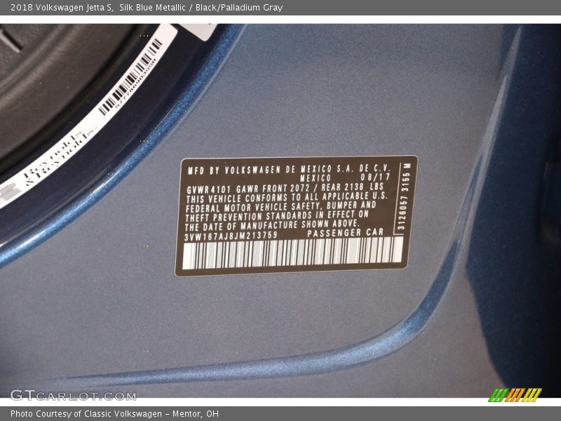 Silk Blue Metallic / Black/Palladium Gray 2018 Volkswagen Jetta S