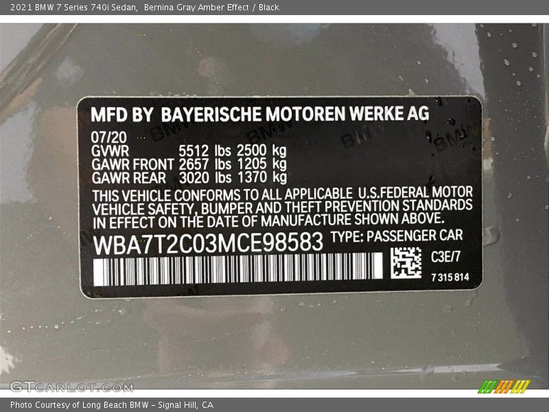 2021 7 Series 740i Sedan Bernina Gray Amber Effect Color Code C3E