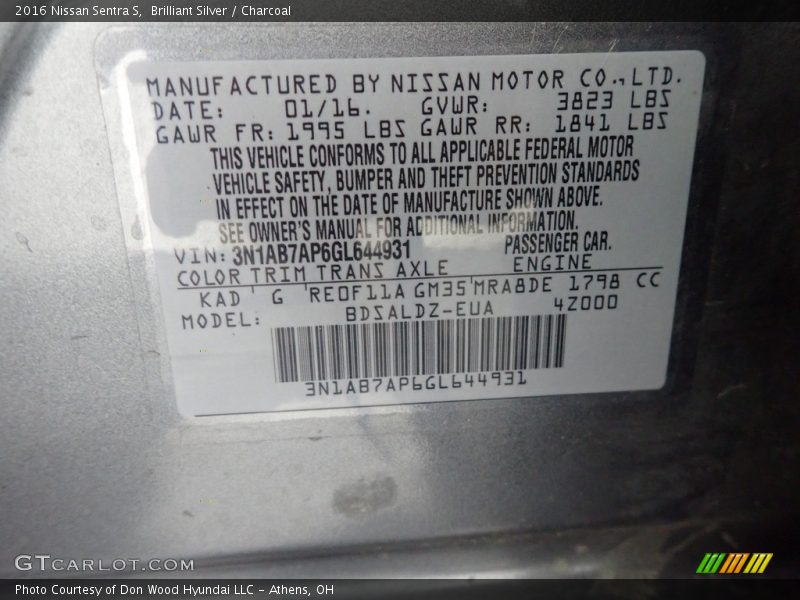Brilliant Silver / Charcoal 2016 Nissan Sentra S