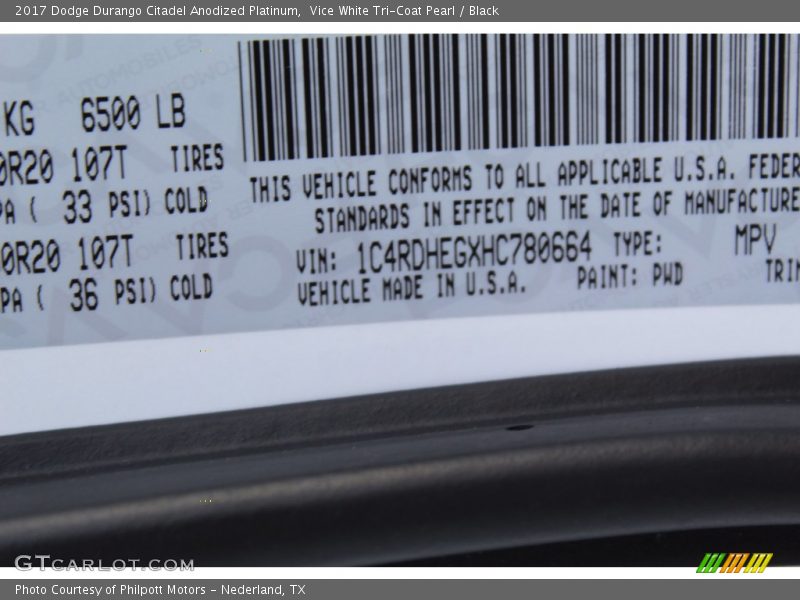 2017 Durango Citadel Anodized Platinum Vice White Tri-Coat Pearl Color Code PWD