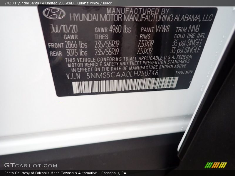 Quartz White / Black 2020 Hyundai Santa Fe Limited 2.0 AWD