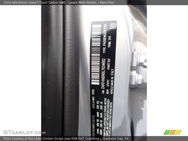 2020 Giulia TI Sport Carbon AWD Lunare White Metallic Color Code 252