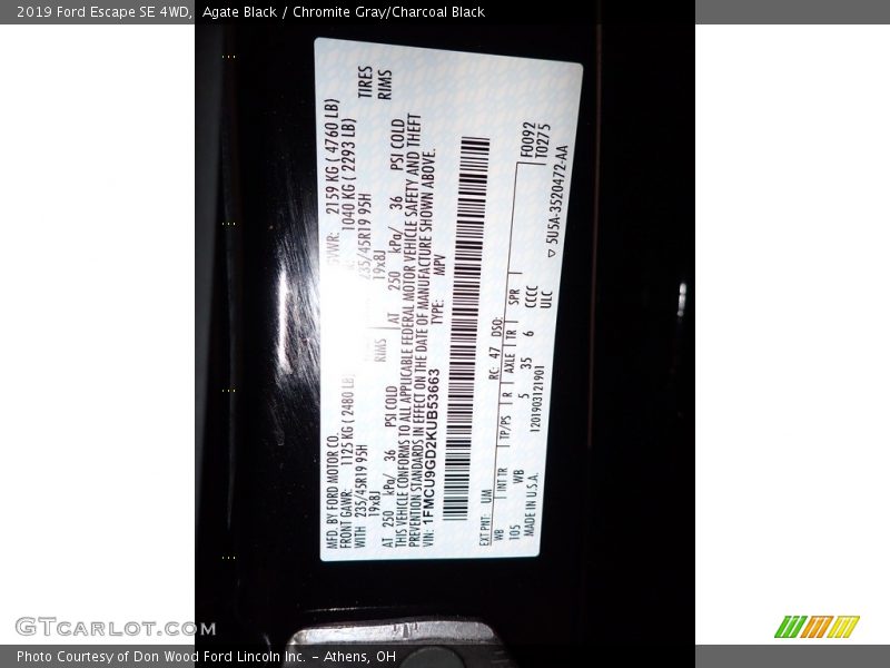 Agate Black / Chromite Gray/Charcoal Black 2019 Ford Escape SE 4WD