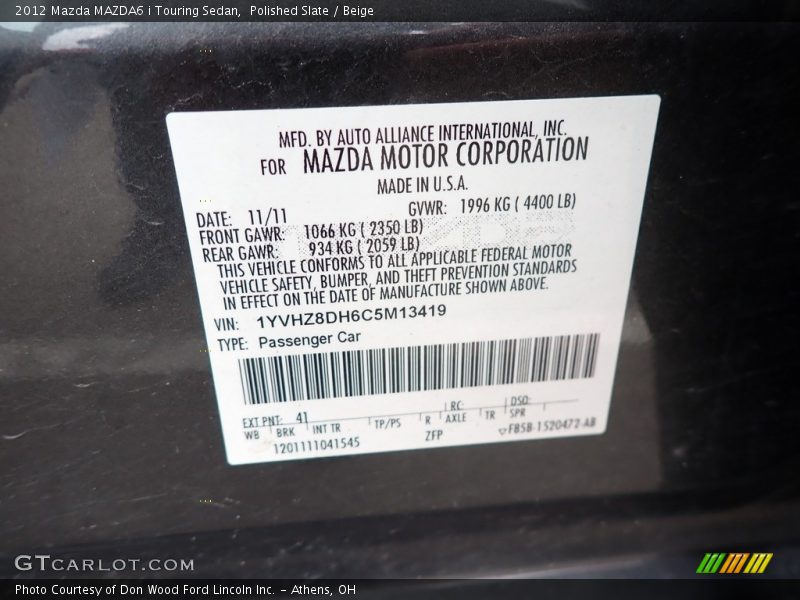 Polished Slate / Beige 2012 Mazda MAZDA6 i Touring Sedan