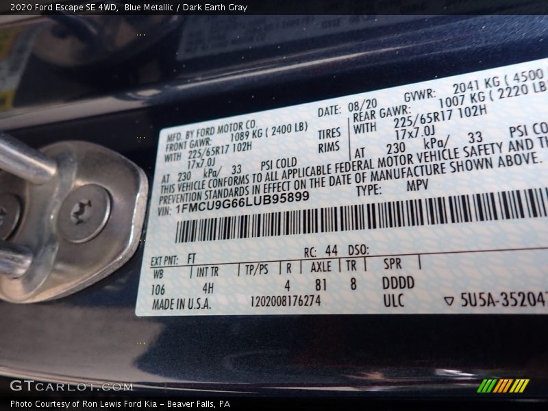 Blue Metallic / Dark Earth Gray 2020 Ford Escape SE 4WD