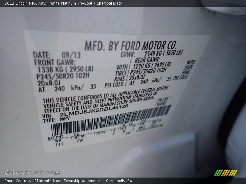 White Platinum Tri-Coat / Charcoal Black 2013 Lincoln MKX AWD