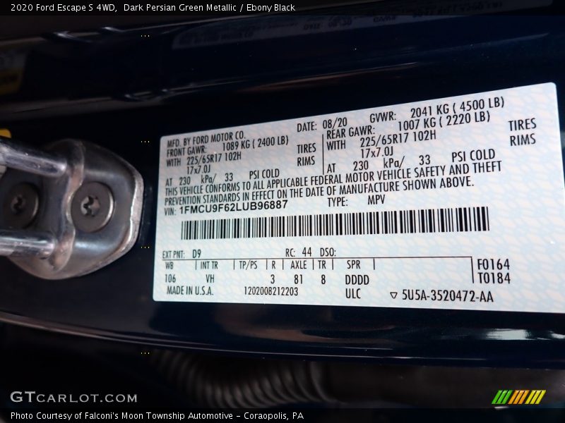 Dark Persian Green Metallic / Ebony Black 2020 Ford Escape S 4WD