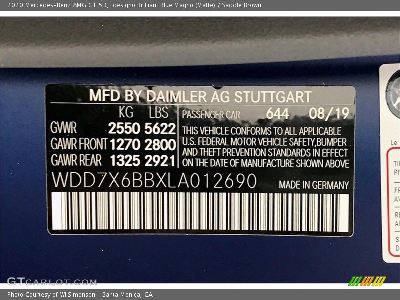 2020 AMG GT 53 designo Brilliant Blue Magno (Matte) Color Code 644