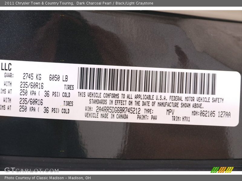 Dark Charcoal Pearl / Black/Light Graystone 2011 Chrysler Town & Country Touring