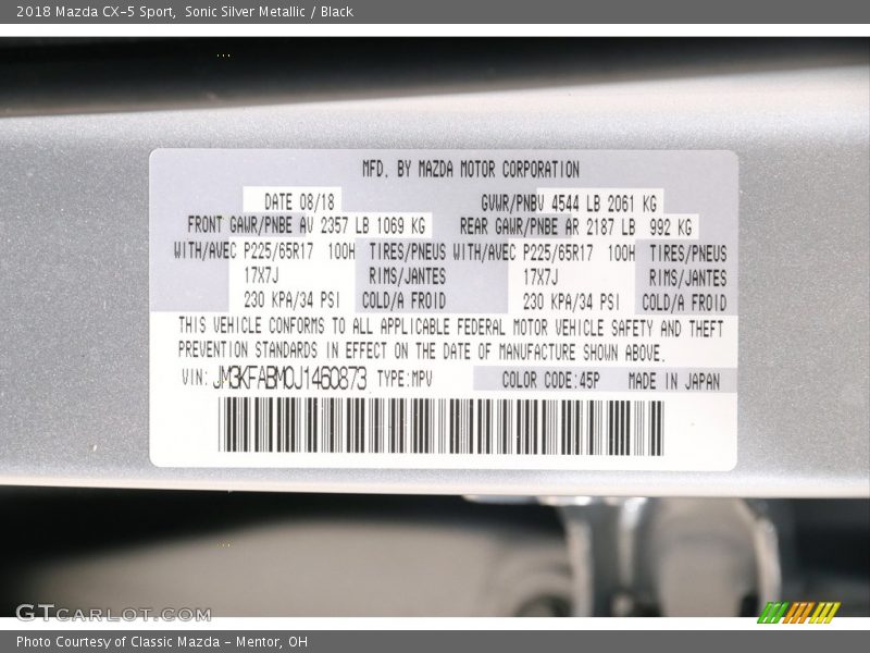 2018 CX-5 Sport Sonic Silver Metallic Color Code 45P