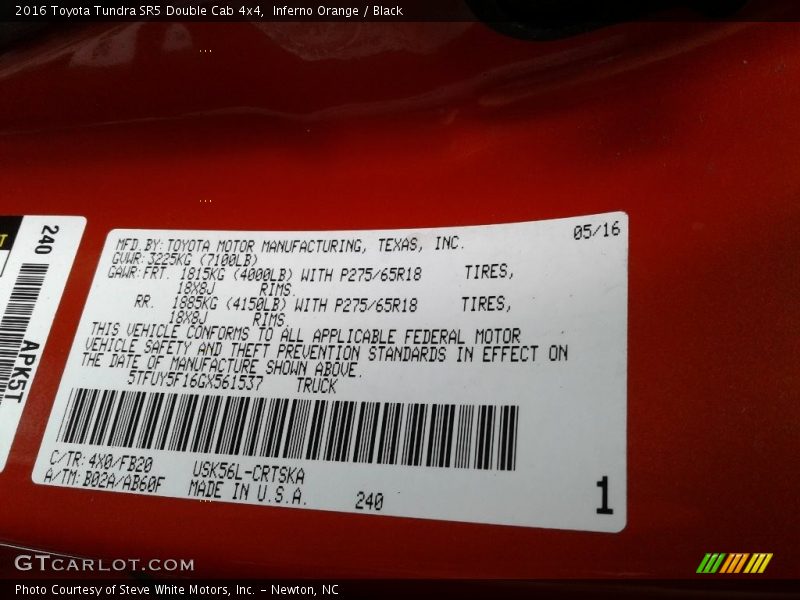 2016 Tundra SR5 Double Cab 4x4 Inferno Orange Color Code 4X0