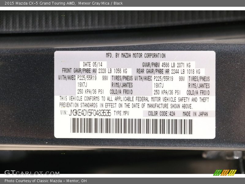 2015 CX-5 Grand Touring AWD Meteor Gray Mica Color Code 42A