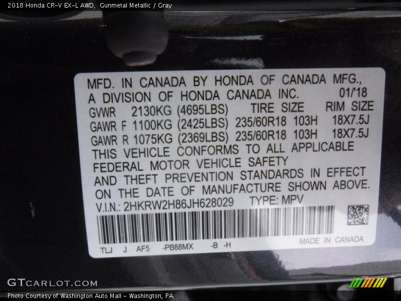 Gunmetal Metallic / Gray 2018 Honda CR-V EX-L AWD